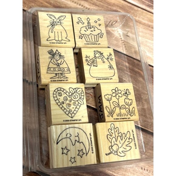 (1) STAMPIN' UP! JUST FOR FUN Wood Mounted Rubber Stamp set of 8 HOLIDAY HEART - Picture 1 of 3
